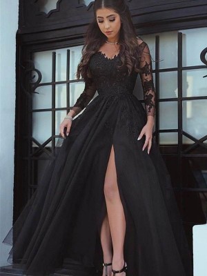 Ball Gown Long Sleeves Off-the-Shoulder Floor-Length Lace Applique Dresses