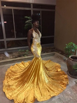 Trumpet/Mermaid Sleeveless V-neck Court Train Lace Velvet Dresses