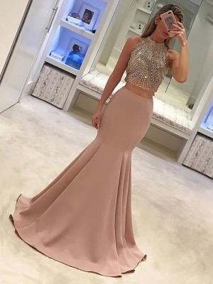 Trumpet/Mermaid Sleeveless High Neck Sweep/Brush Train Beading Satin Two Piece Dresses