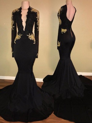 Trumpet/Mermaid Long Sleeves V-neck Sweep/Brush Train Applique Elastic Woven Satin Dresses