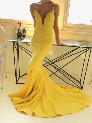 Trumpet/Mermaid Sleeveless Spaghetti Straps Sweep/Brush Train Ruffles Satin Dresses