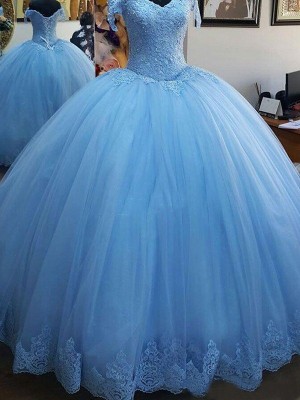 Ball Gown Sleeveless Off-the-Shoulder Sweep/Brush Train Lace Tulle Dresses
