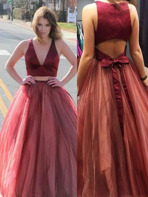 A-Line/Princess Sleeveless V-neck Sweep/Brush Train Ruffles Tulle Two piece Dresses