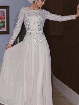A-Line/Princess Long Sleeves Scoop Floor-Length Crystal Chiffon Muslim Dresses