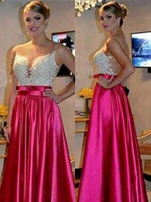 A-Line/Princess Sleeveless Sweetheart Floor-Length Applique Satin Dresses