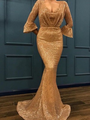 Trumpet/Mermaid 3/4 Sleeves V-neck Sweep/Brush Train Ruffles Sequins Dresses
