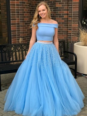 A-Line/Princess Sleeveless Off-the-Shoulder Sweep/Brush Train Beading Tulle Two Piece Dresses