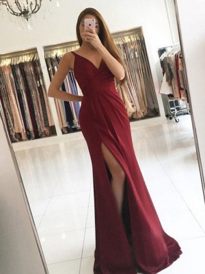 A-Line/Princess Sleeveless V-neck Sweep/Brush Train Ruffles Silk like Satin Dresses