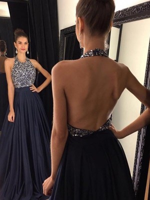 A-Line/Princess Sleeveless Halter Sweep/Brush Train Beading Satin Dresses