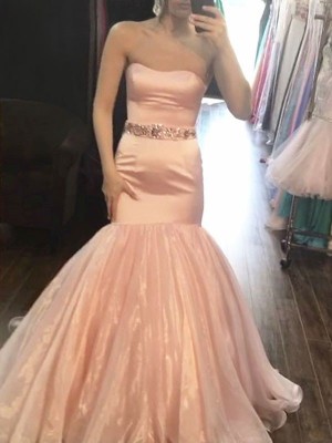 Trumpet/Mermaid Sleeveless Strapless Sweep/Brush Train Beading Satin Dresses