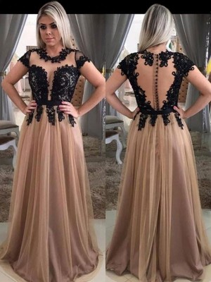A-Line/Princess Short Sleeves Scoop Sweep/Brush Train Applique Tulle Dresses