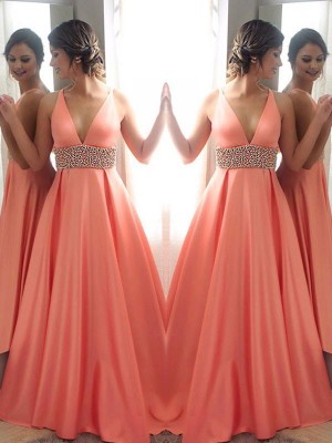 A-Line/Princess Sleeveless V-neck Sweep/Brush Train Beading Satin Dresses