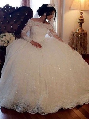 Ball Gown Bateau Long Sleeves Floor-Length Lace Tulle Wedding Dresses