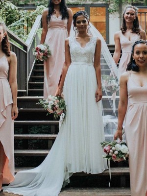 A-Line/Princess V-neck Sleeveless Sweep/Brush Train Lace Chiffon Wedding Dresses