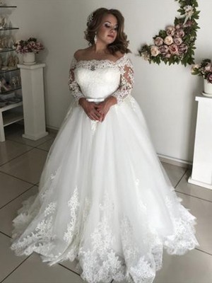 A-Line/Princess Off-the-Shoulder Long Sleeves Sweep/Brush Train Lace Tulle Wedding Dresses