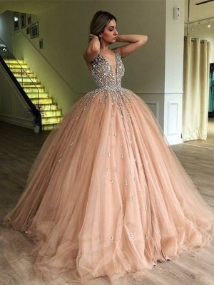 Ball Gown V-neck Sleeveless Floor-Length Beading Tulle Dresses