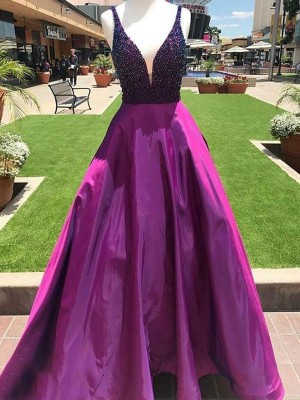 A-Line/Princess V-neck Sleeveless Floor-Length Beading Satin Dresses