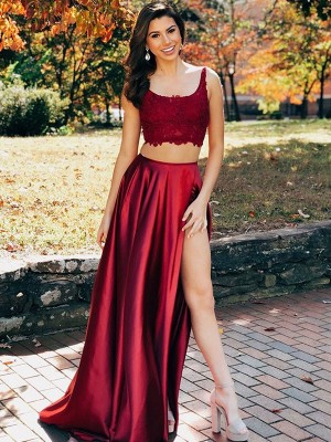 A-Line/Princess Scoop Sleeveless Sweep/Brush Train Lace Satin Dresses