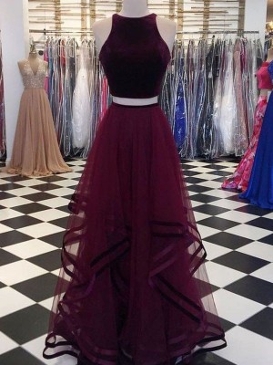 A-Line/Princess Scoop Sleeveless Floor-Length Ruffles Tulle Dresses