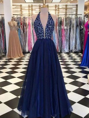 A-Line/Princess Halter Sleeveless Floor-Length Beading Tulle Dresses