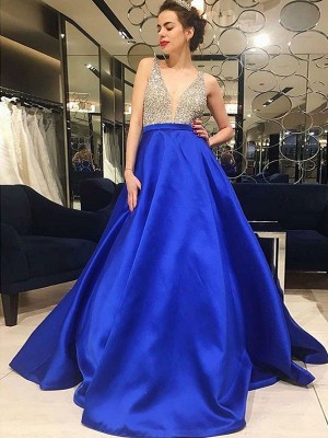 A-Line/Princess V-neck Sleeveless Sweep/Brush Train Beading Satin Dresses
