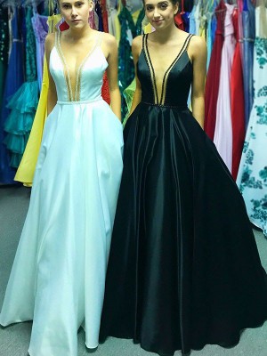 A-Line/Princess Sleeveless V-neck Floor-Length Ruffles Satin Dresses