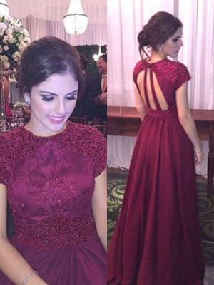 A-Line/Princess Short Sleeves Sheer Neck Floor-Length Beading Satin Dresses