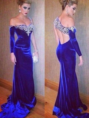 Sheath/Column Long Sleeves One-Shoulder Sweep/Brush Train Beading Velvet Dresses