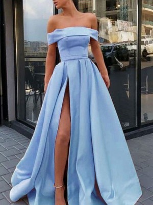 A-Line/Princess Sleeveless Off-the-Shoulder Sweep/Brush Train Ruffles Satin Dresses