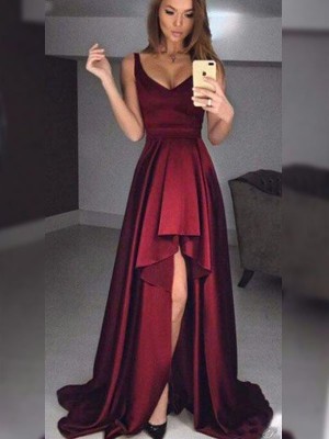 A-Line/Princess Sleeveless Straps Asymmetrical Ruffles Satin Dresses