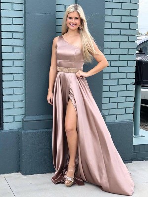 A-Line/Princess Satin Beading One-Shoulder Sleeveless Sweep/Brush Train Dresses