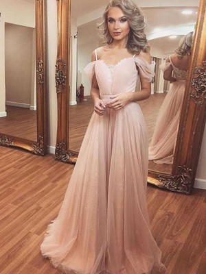A-Line/Princess Tulle Ruched Off-the-Shoulder Sleeveless Sweep/Brush Train Dresses