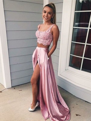 A-Line/Princess Sleeveless Square Sweep/Brush Train Applique Silk like Satin Two Piece Dresses