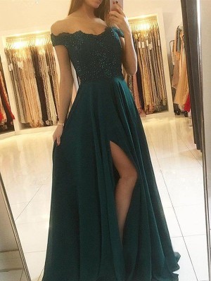 A-Line/Princess Off-the-Shoulder Sleeveless Floor-Length Beading Chiffon Dresses