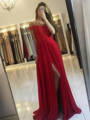 A-Line/Princess Off-the-Shoulder Sleeveless Sweep/Brush Train Beading Chiffon Dresses
