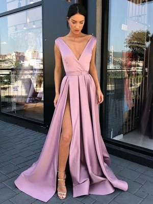 A-Line/Princess Sleeveless V-neck Floor-Length Ruffles Satin Dresses