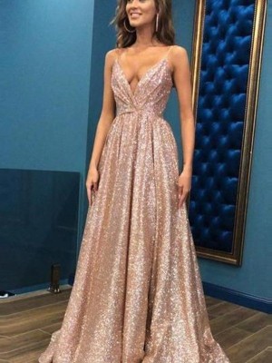 A-Line/Princess Sleeveless Spaghetti Straps Floor-Length Sequins Dresses