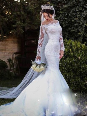 Trumpet/Mermaid Tulle Lace Off-the-Shoulder Long Sleeves Sweep/Brush Train Wedding Dresses