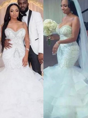 Trumpet/Mermaid Organza Beading Sweetheart Sleeveless Floor-Length Wedding Dresses