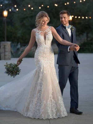 Trumpet/Mermaid Tulle Applique Scoop Sleeveless Sweep/Brush Train Wedding Dresses