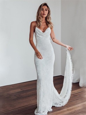 Sheath/Column Lace Spaghetti Straps Sleeveless Sweep/Brush Train Wedding Dresses