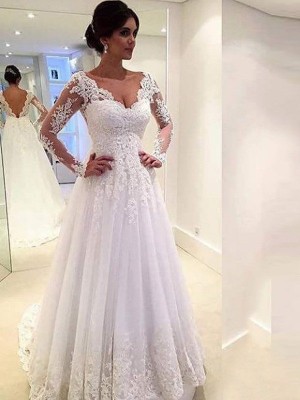 Ball Gown V-neck Long Sleeves Lace Sweep/Brush Train Tulle Wedding Dresses