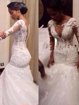 Trumpet/Mermaid V-neck Long Sleeves Lace Floor-Length Tulle Wedding Dresses
