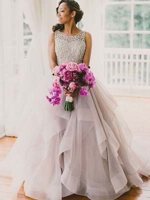 Ball Gown Sleeveless Scoop Beading Floor-Length Organza Wedding Dresses
