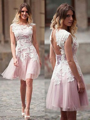 A-Line/Princess Sleeveless Scoop Applique Tulle Short/Mini Dresses