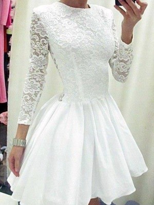 A-Line/Princess Long Sleeves Scoop Lace Chiffon Short/Mini Dresses