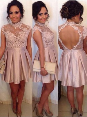 A-Line/Princess Sleeveless High Neck Lace Satin Short/Mini Dresses