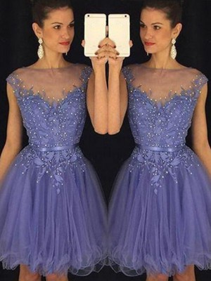 A-Line/Princess Sleeveless Scoop Applique Tulle Short/Mini Dresses