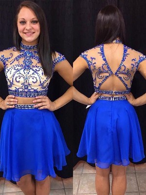 A-Line/Princess Sleeveless High Neck Beading Chiffon Short/Mini Two Piece Dresses