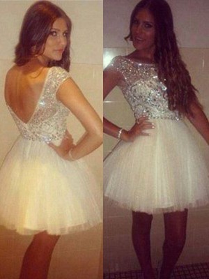 A-Line/Princess Sleeveless Scoop Beading Tulle Short/Mini Dresses